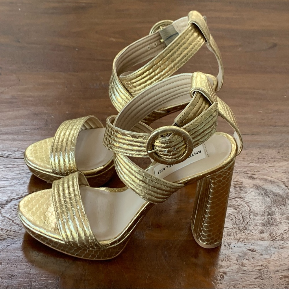 ANTONIO MELANI Metallic Gold Platform Block Heel Sandals